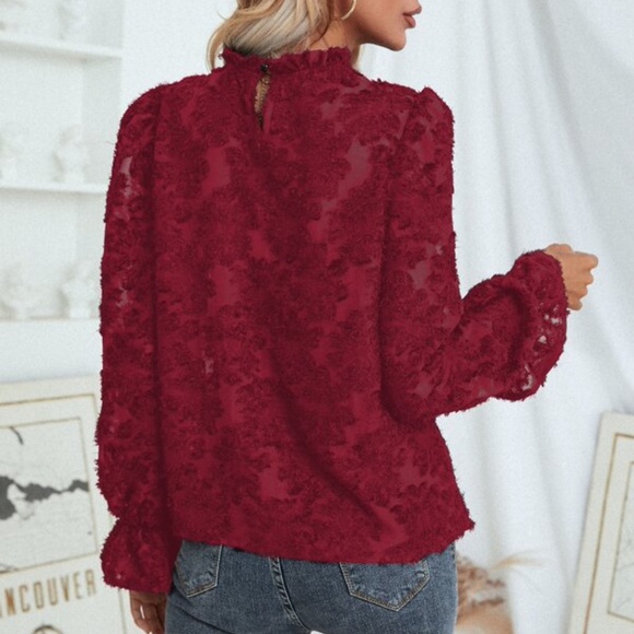 Red Floral Ruffle Sleeve Blouse Top Work Shabby Chic - Picture 4 of 10